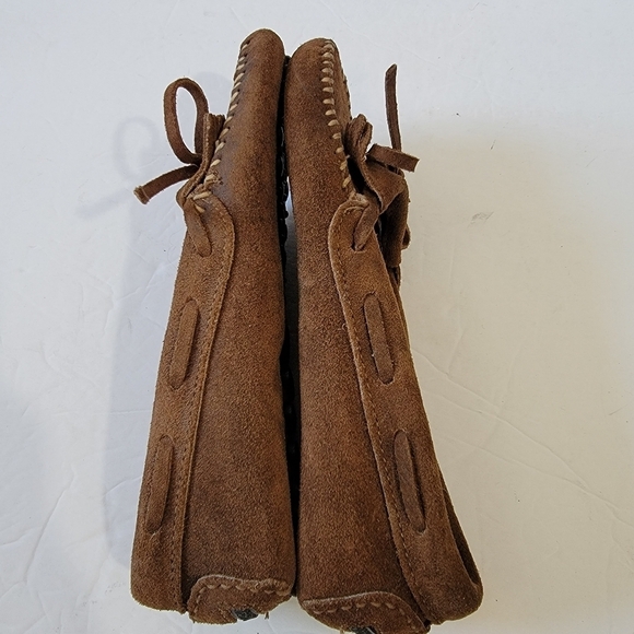 MINNETONKA Kilty Suede Mocassin Sz 7.5 Cognac Casual Comfy Everyday - Picture 6 of 10